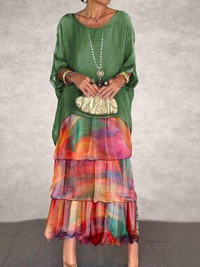 Maxi DRESS Plus Size 3XL GREEN Tunic 3/4 sleeve Sunset color Tiered 22 - 24